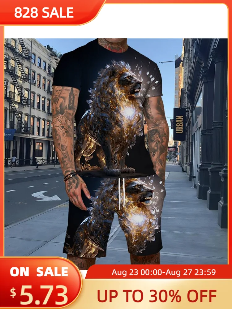 

2023 AliExpress популярный стиль 3D цифровая печать звездное небо Лев повседневный мужской костюм большого размера с коротким рукавом