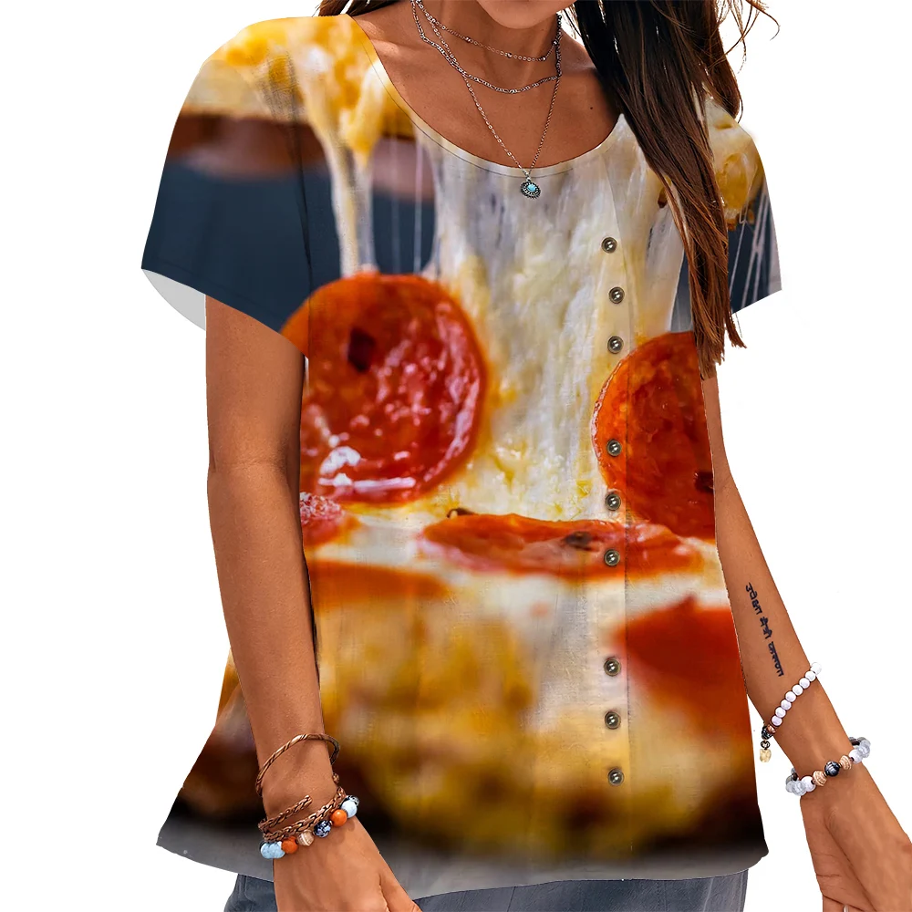 

CLOOCL Women T-shirt Funny Cheesy Pizza Graphics 3D Printed Tees Button Decorate Short Sleeve Blouse Foodie Aesthetic Shirts
