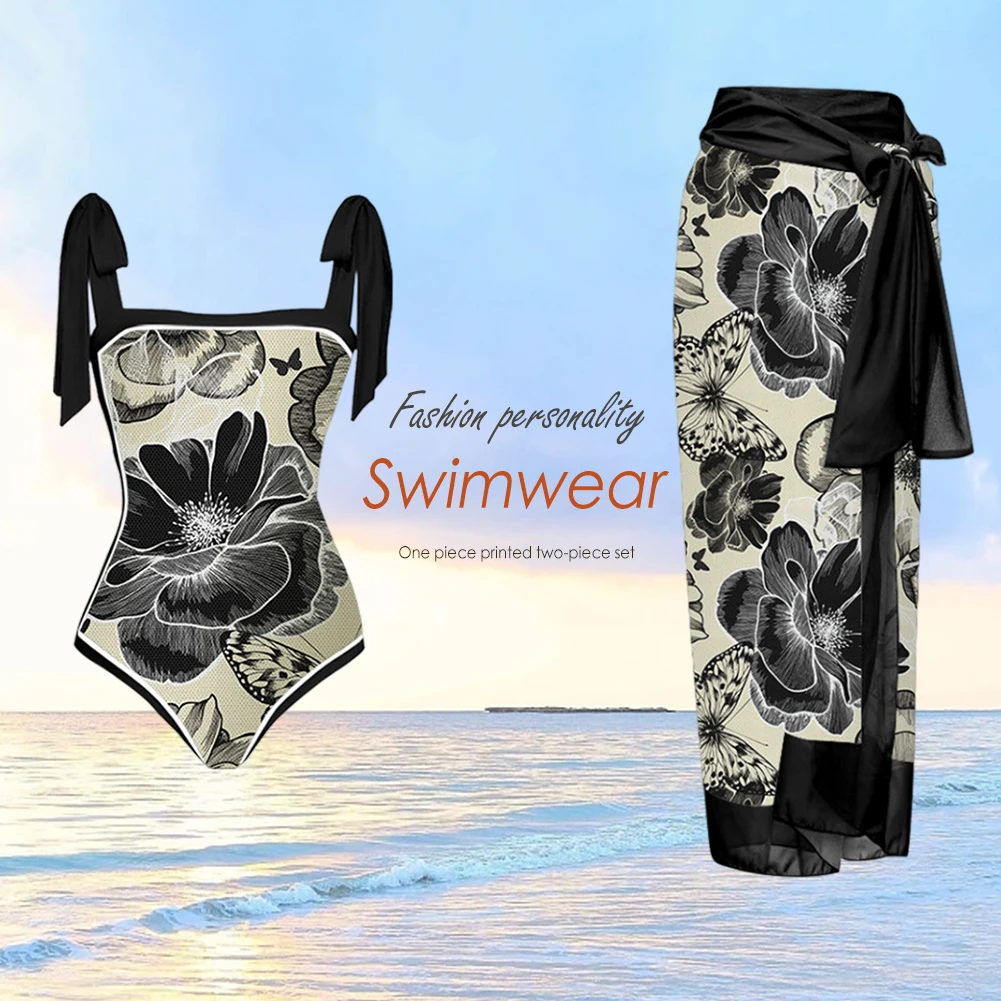 

2pcs Women Swimming Suit Lace Up with Dress Beach Athletic Swimsuit Breathable Conservative Fashionable for Female Accessories