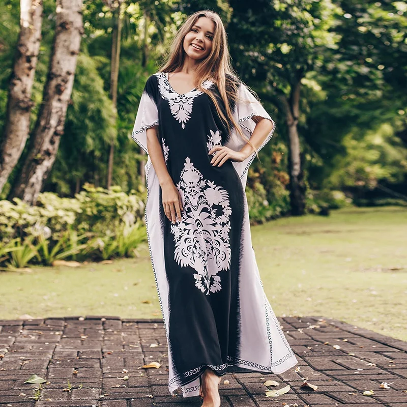 

Modern Black Floral Kaftan Murah Cotton Printed Robe Summer Plus Size Beach Dress Short Sleeve Swimwears Cover-Ups