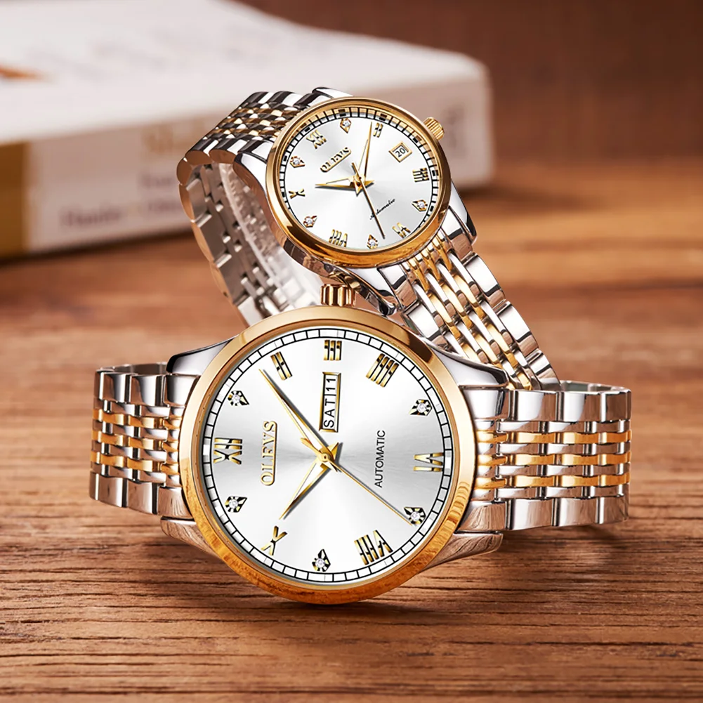 OLEVS Fashion couple stainless steel watch luxury mechanical watch calendar luminous waterproof clock business casual watch