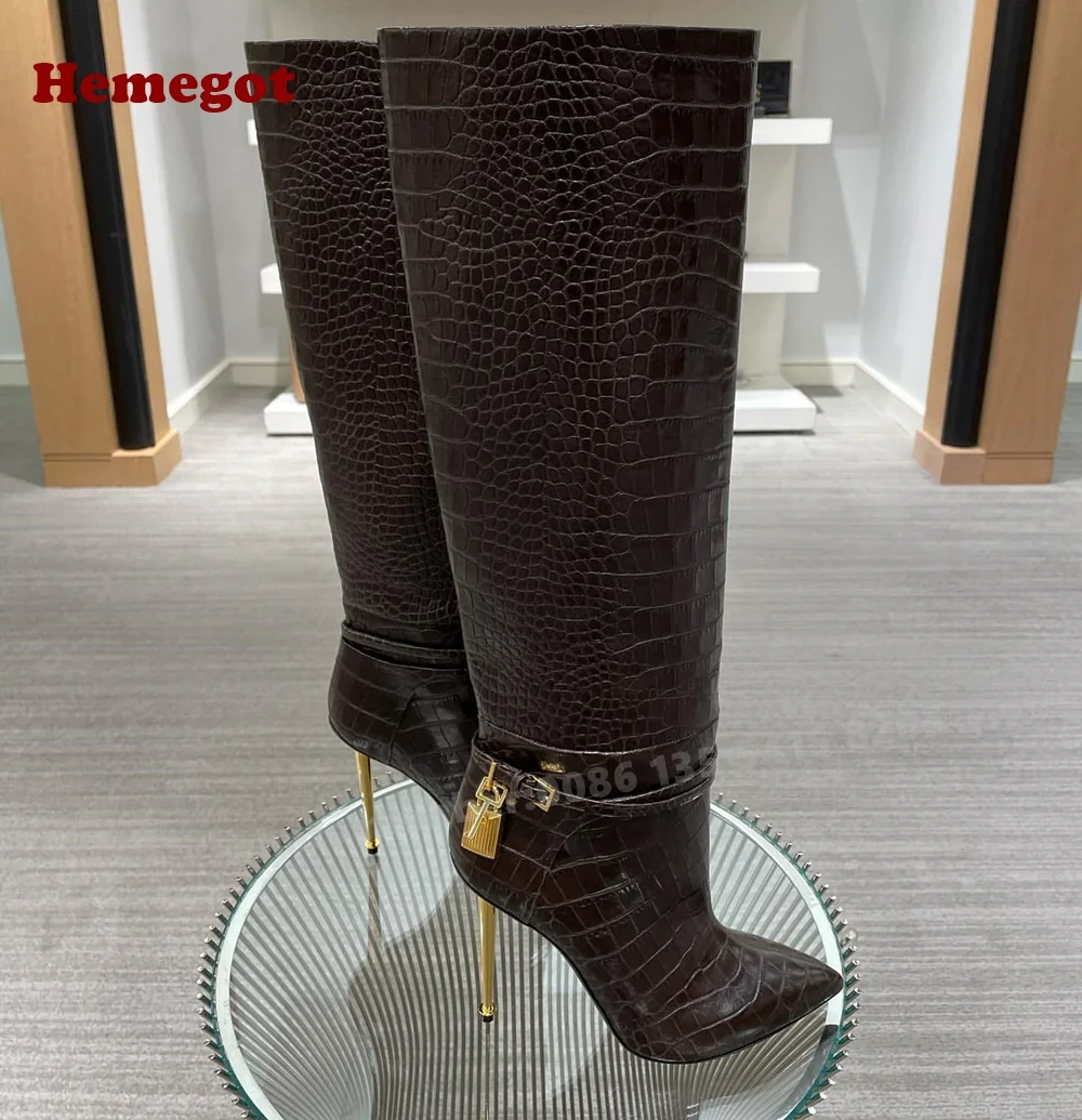 Croc-Pattern Metal Heels Knee High Boots Padlock Pointy Toe Buckle Women's Long Luxury Winter Designer Shoes Plus Size
