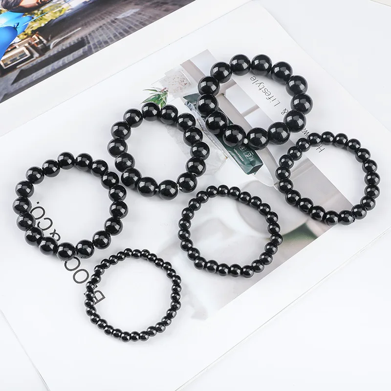 Natural Black Obsidian Bracelet Buddhist Prayer Blessing Blackstone Healing Stone Ball Beads Jewelry Lucky Present