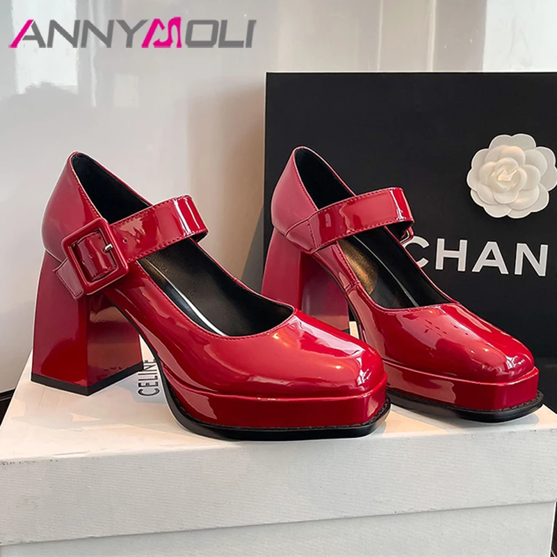 ANNYMOLI Mary Janes Shoes Women Spring Genuine Leather Chunky Heels Pumps Buckle Square Toe Super High Heel Female Fashion Shoes