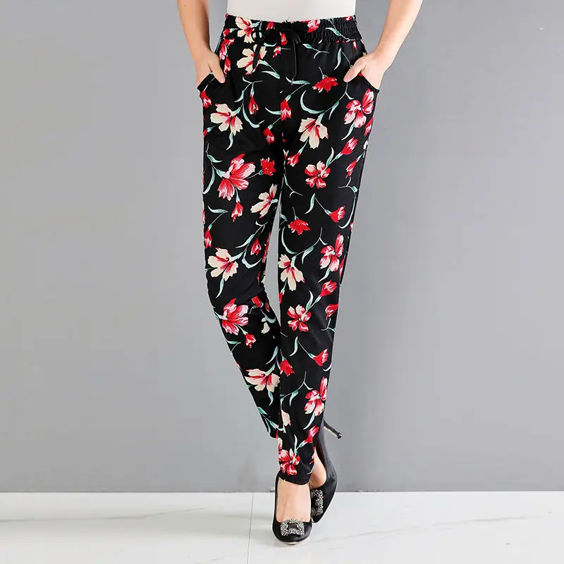 

Women 2022 Summer Fashion Printed Casual Trousers Female Middle-aged and Elderly Bloomers Ladies High Waist Stretch Pants E175