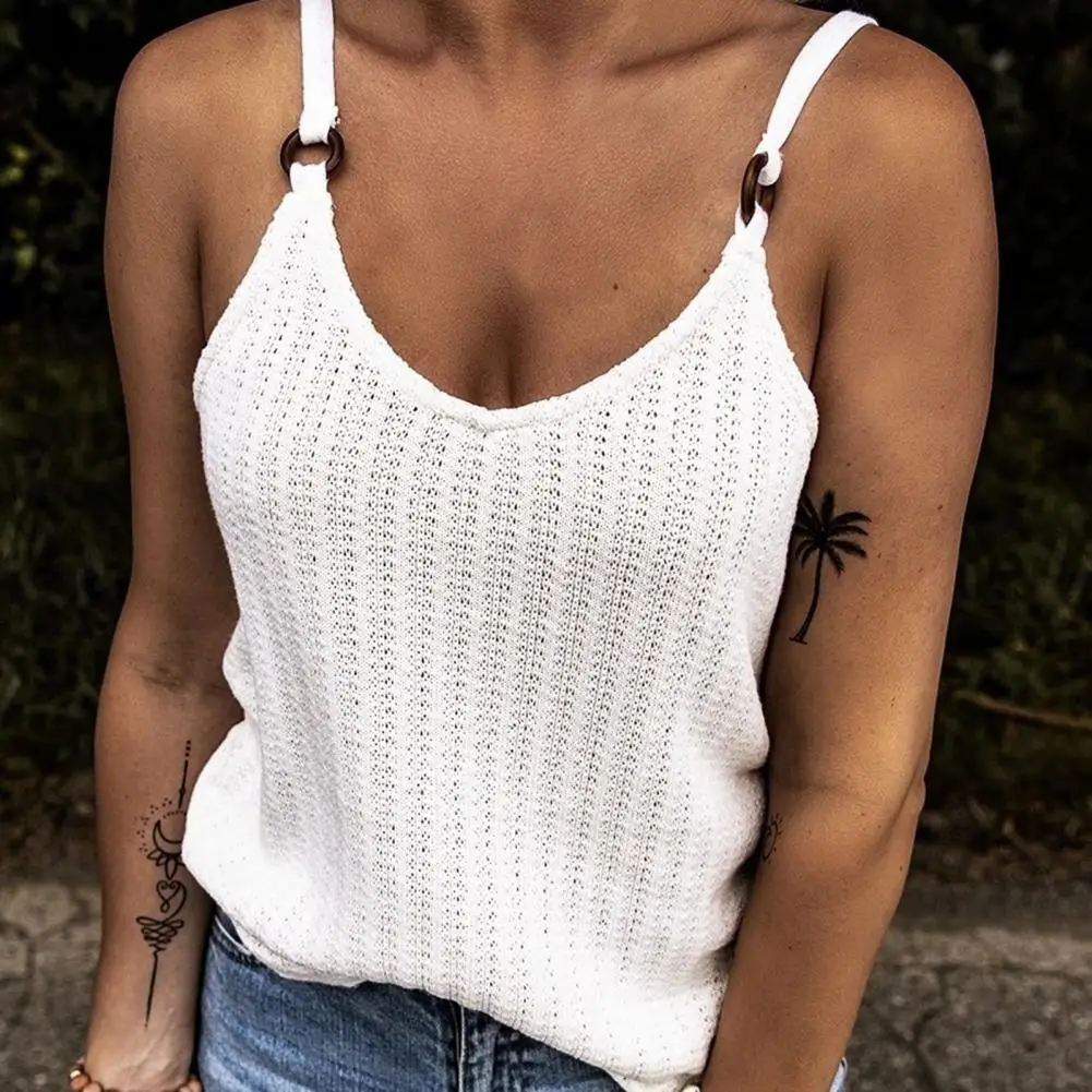

Summer Women Vest Top Spaghetti Strap Solid Color Off Shoulder Loose Hollow Out Summer Backless Suspenders Camisole for Daily