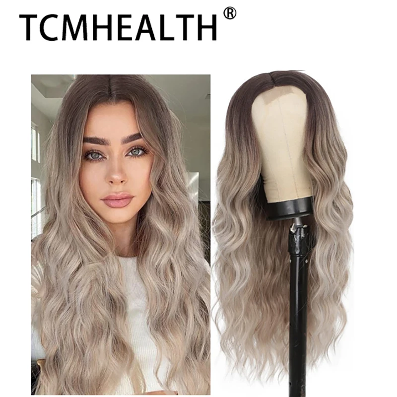 

TCMHEALTH Middle Part Curly Hair Wig New Gradient Color Front Lace Women Chemical Fiber Headgear Wig