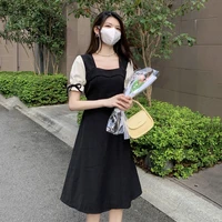 gentle style french style bubble sleeve dress summer new style temperament close waist contrast color square collar fashionable