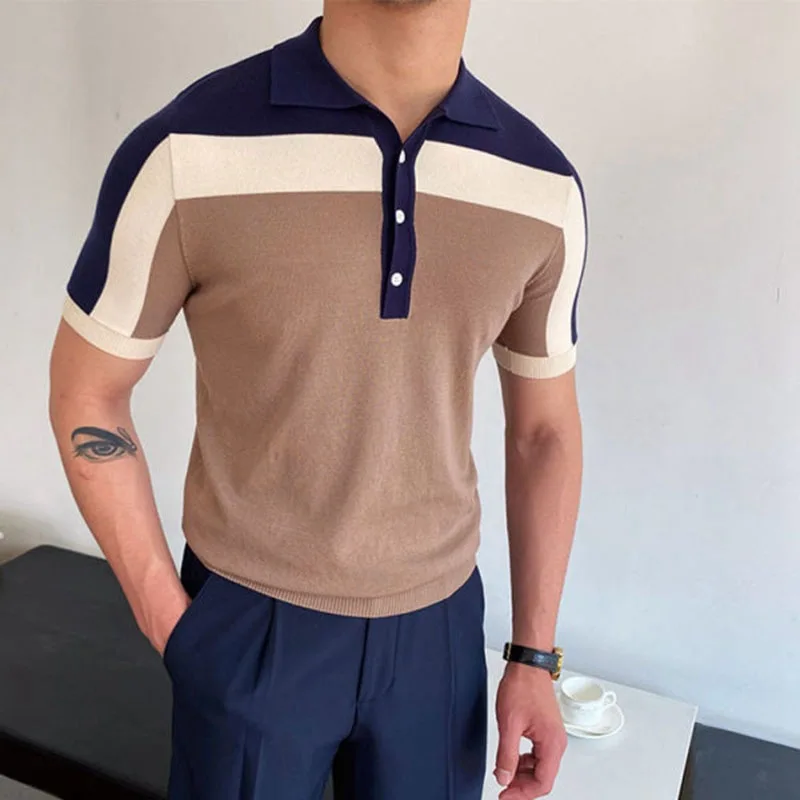 

2023 Summer New Men's T-Shirt Lapel Contrast Stripe T-Shirt Cotton Cardigan Knit Free Shipping Polo Shirt Best Men's Clothing