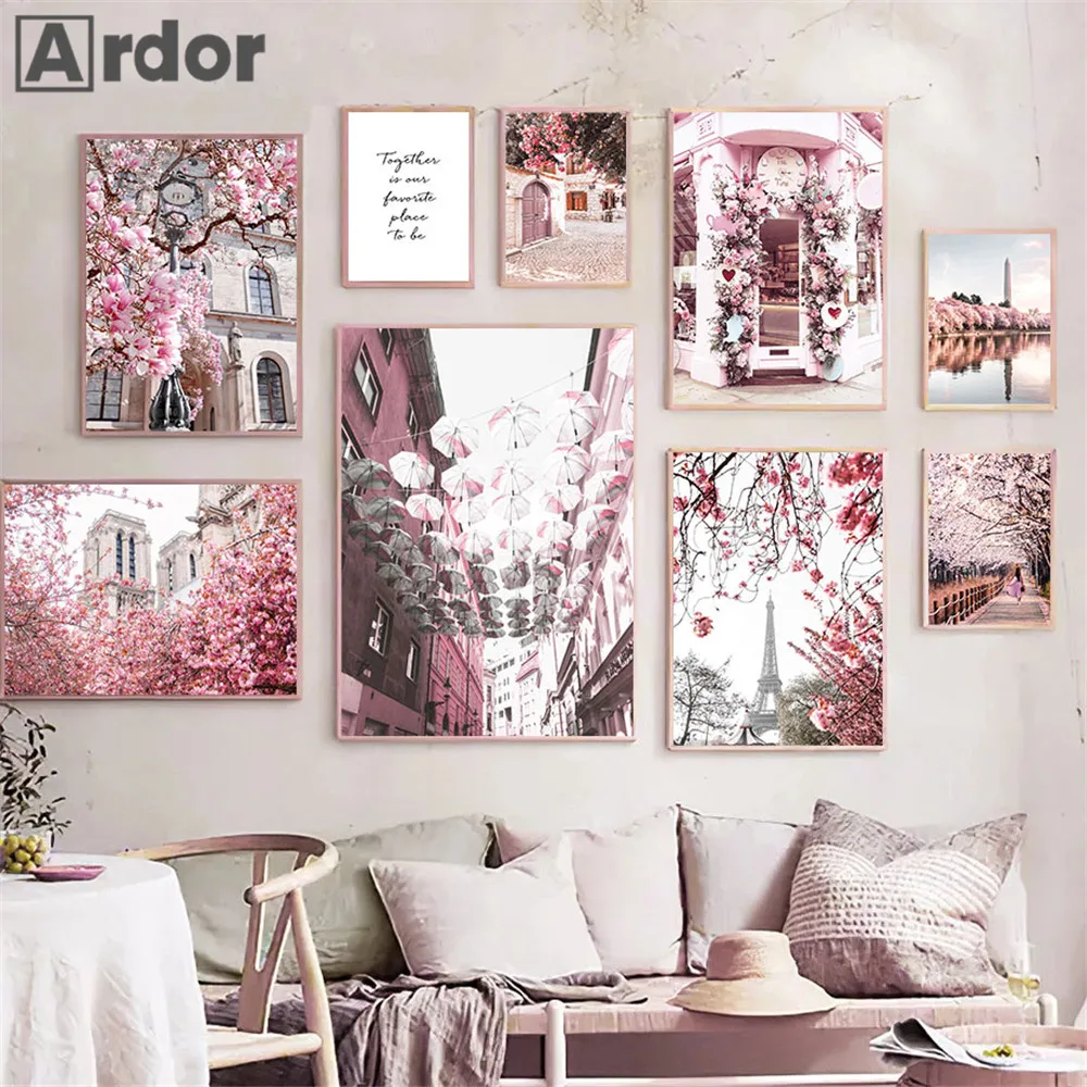 

Pink Flower Castle Paris Tower Poster Canvas Painting Window Door Umbrella Wall Art Print Nordic Wall Pictures Living Room Decor