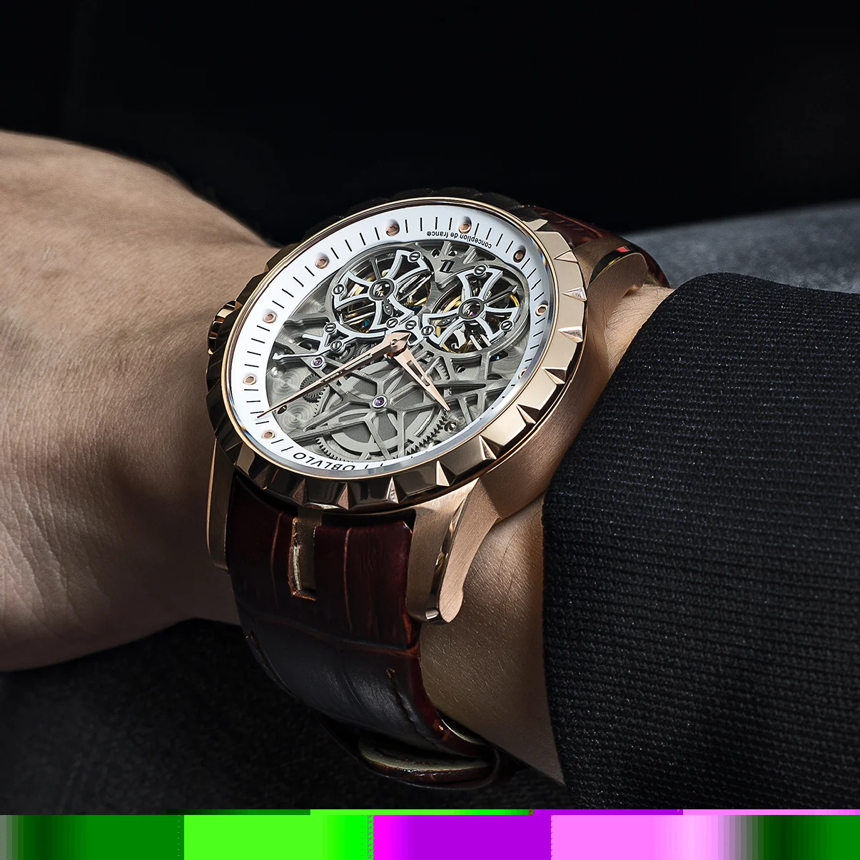 

OBLVLO Men Military Skeleton Automatic Watch Mechanical Soft Calfskin Strap Sapphire Waterproof Double Flywheel Dial Clock RM-T