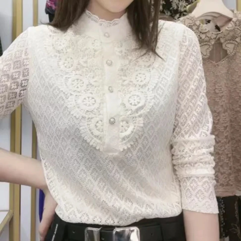 

Woman Hollow Lace Elegant Blouse Female Long Sleeve Shirt Female Solid Loose Tops Ladies Stand Collar Vintage Clothes Tops G383