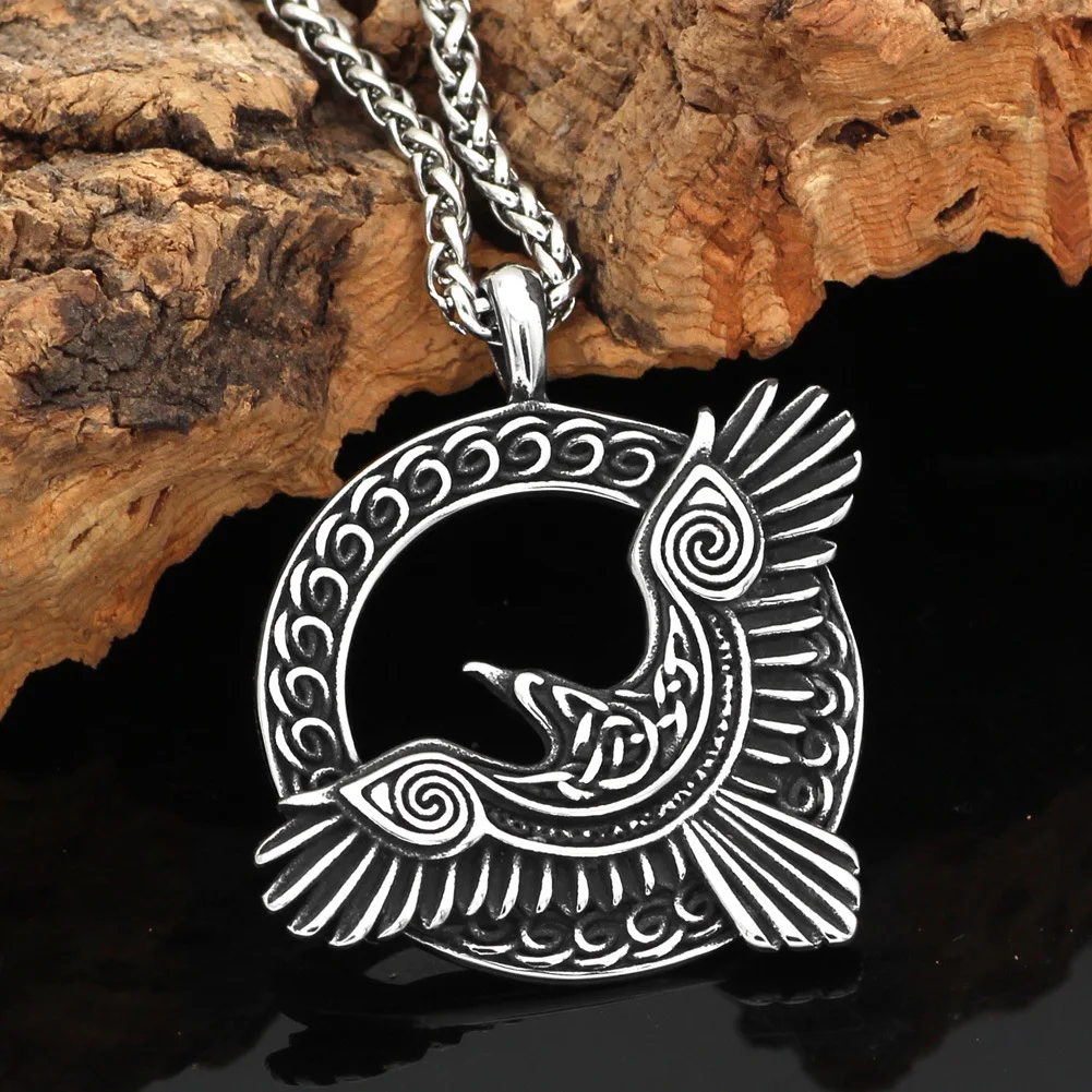

Men Viking Crow Pendant Necklace Stainless Steel Norse Mythology Eagle Necklace Never Fade Alloy Slavic Rune Amulet Pendant Gift