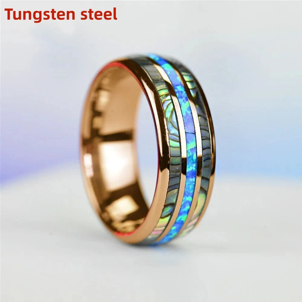 

Fashion 8mm Rose gold coloured Tungsten steel wedding ring for men set with abalone shell blue opal Ring for men Wedding jewelle