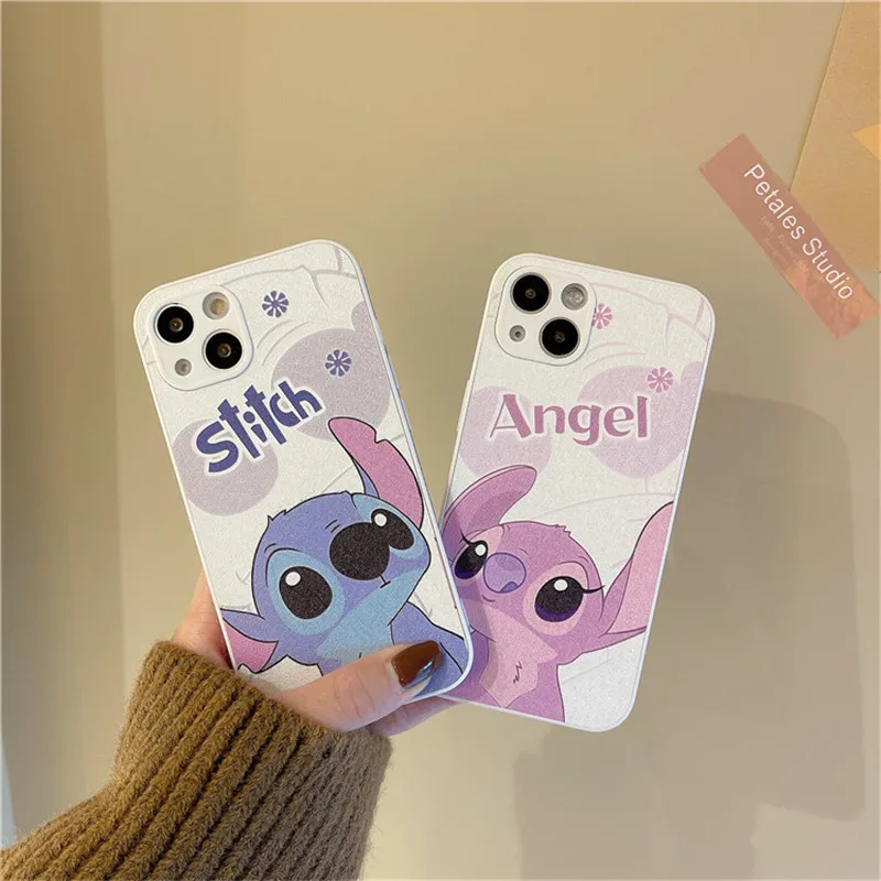 

DISNEY Straight Edge Silk Pattern Lovers Stitch Case for Apple IPhone 13 12Promax Full Protection Shell 11 XR Anime Phone Case