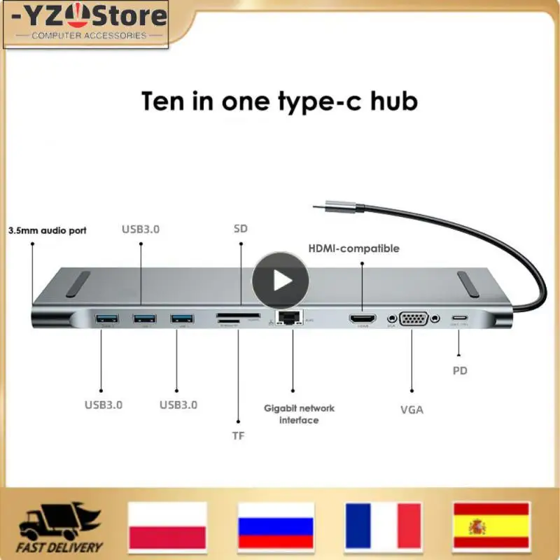 

For Laptop Macbook Multi-port 3.0 Usb Splitter Adapter HDMI-compatible 5gbps Type-c Docking Station Aluminum 10 In 1 60w Pd 4k