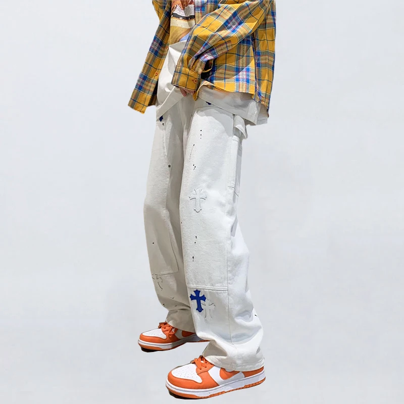 Four Seasons Jeans Straight Loose Casual Pants Blue and White Cross Patches Men's and Women's Same Style Streetwear Ins Hot Sale