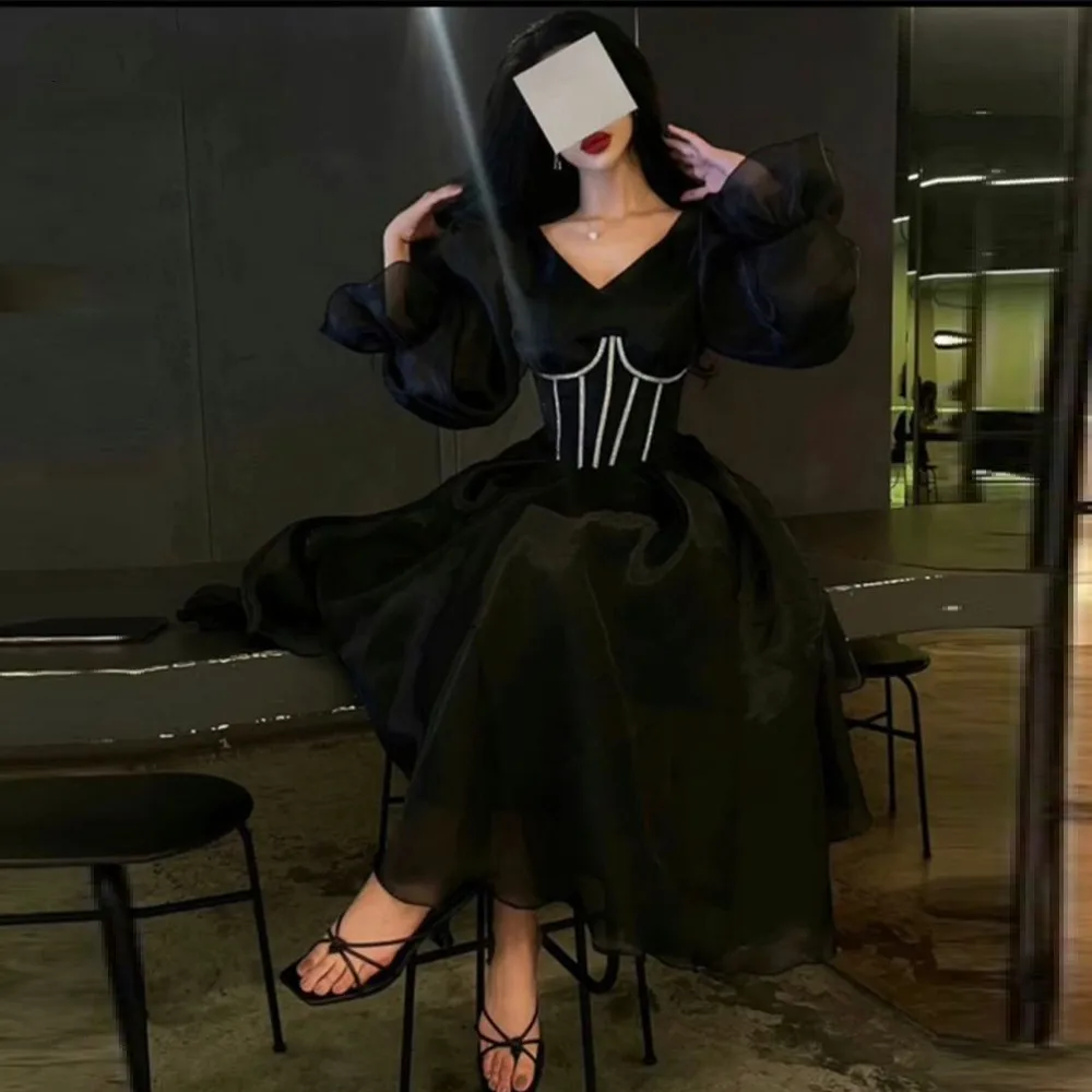 

Katerina Simple Organza Black Evening Dresses V Neck Long Puff Sleeves Pearls Waist Formal Party Dress Women Prom Gowns