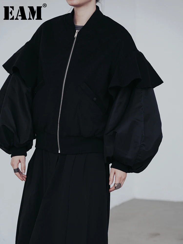 

[EAM] Black Big Size Thick Cotton-padded Coat Lantern Sleeve Loose Fit Women Parkas Fashion Tide New Autumn Winter 2023 1DF0705