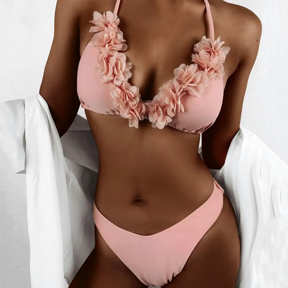 

Micro Bikini Lace Flower Push-up Beach Bathing Suit Halter Micro Triangle Bra High Waist Bottom Swimsuit traje de baño mujer