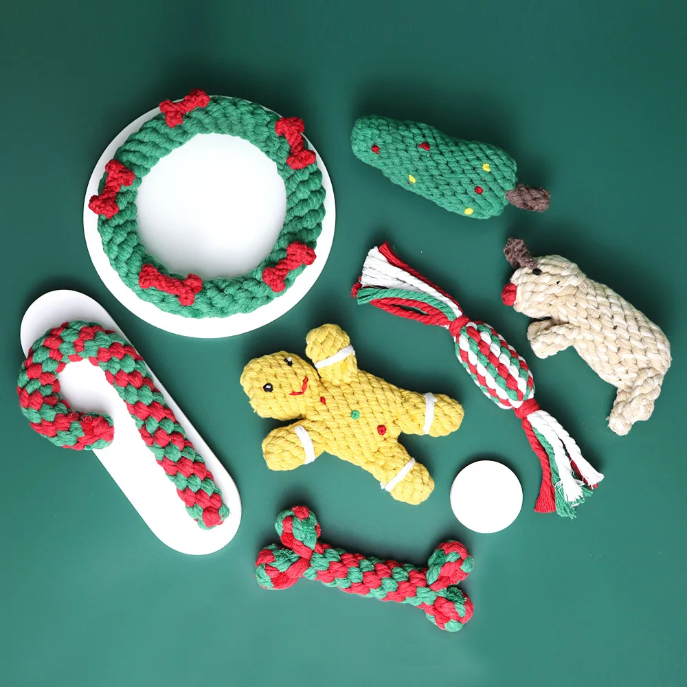 

Christmas Pet Rope Toys Cleaning Cotton Dog Interactive Toy Bite-resistant Molar Puppy Toy Set Xmas Gift For Pets Cleaning Teeth