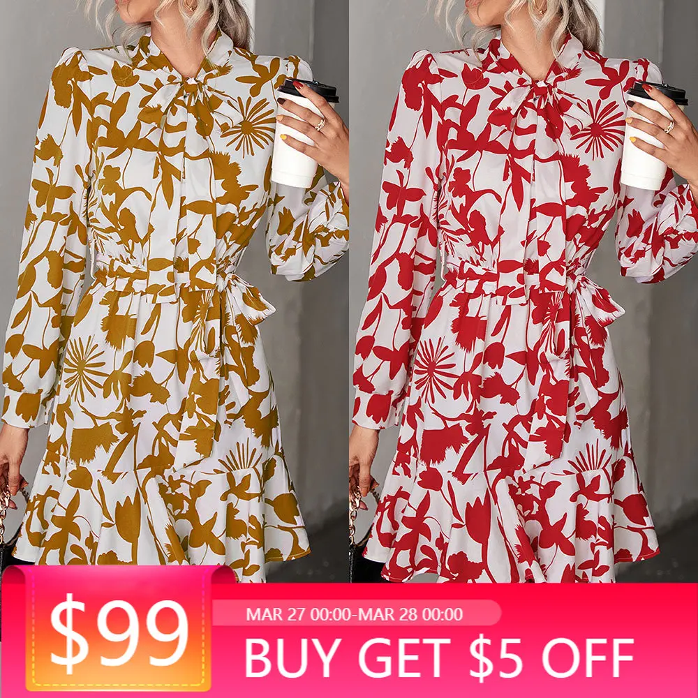 

Brand New Women Spring Autumn Floral Print Dress Bow Tie Collar Long Sleeve A Line Slim Lace Up Boho Beach Mini Dresses Robe