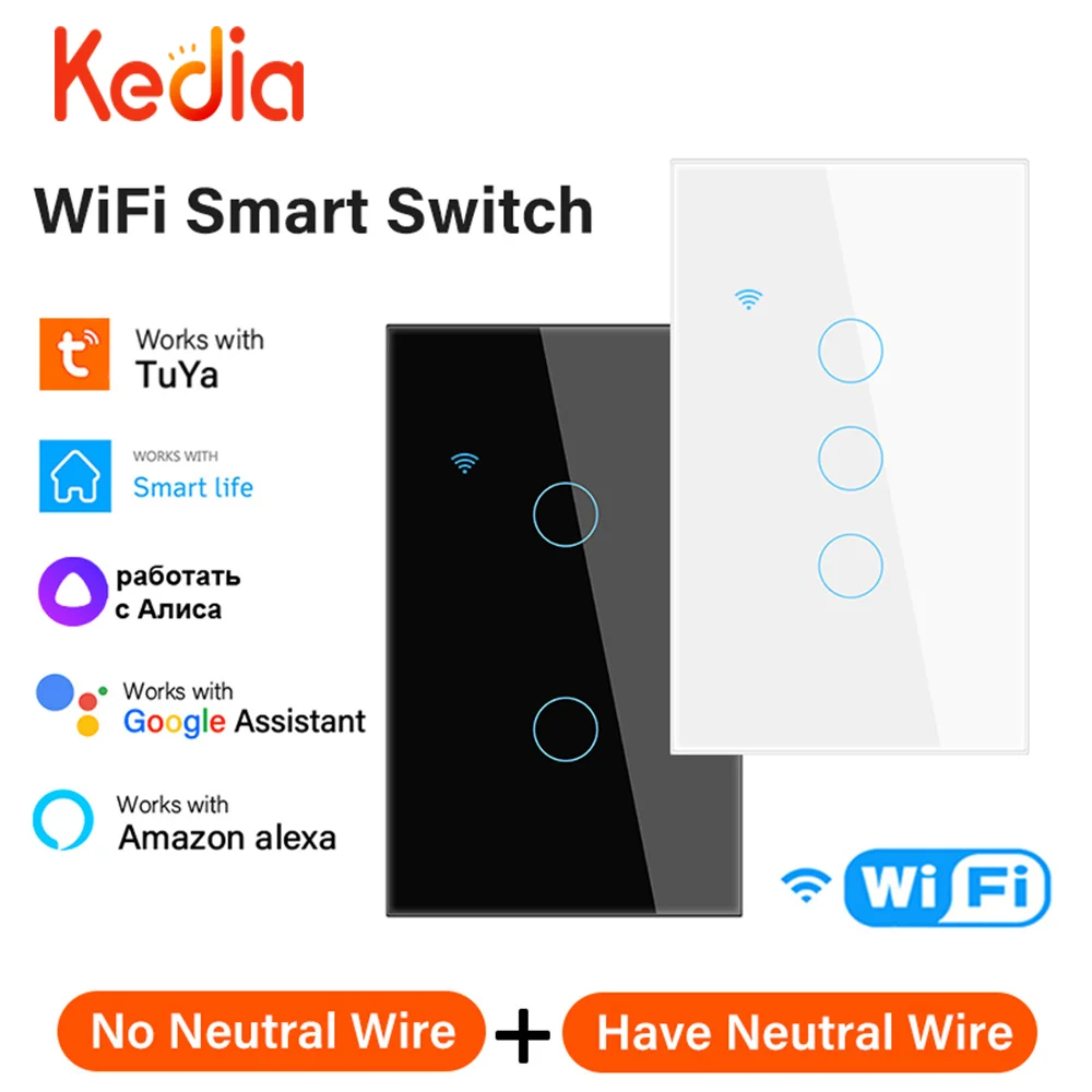 Умный выключатель Kedia US с Wi-Fi, сенсорный переключатель для 1/2/3/4 клавиш, с дистанционным управлением, с поддержкой Alexa и Google Home
