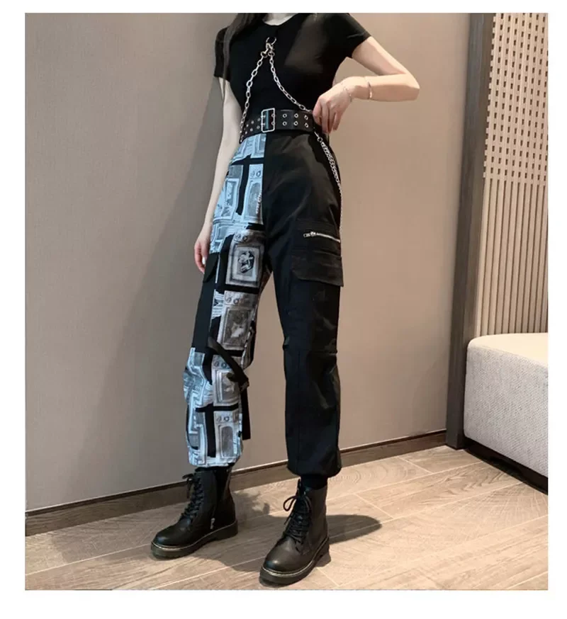 

2022New New Chain Cargo Pants Female Harajuku Loose BF Casual Patchwork Trousers Women Casual Joggers Black High Waist Loose Pan