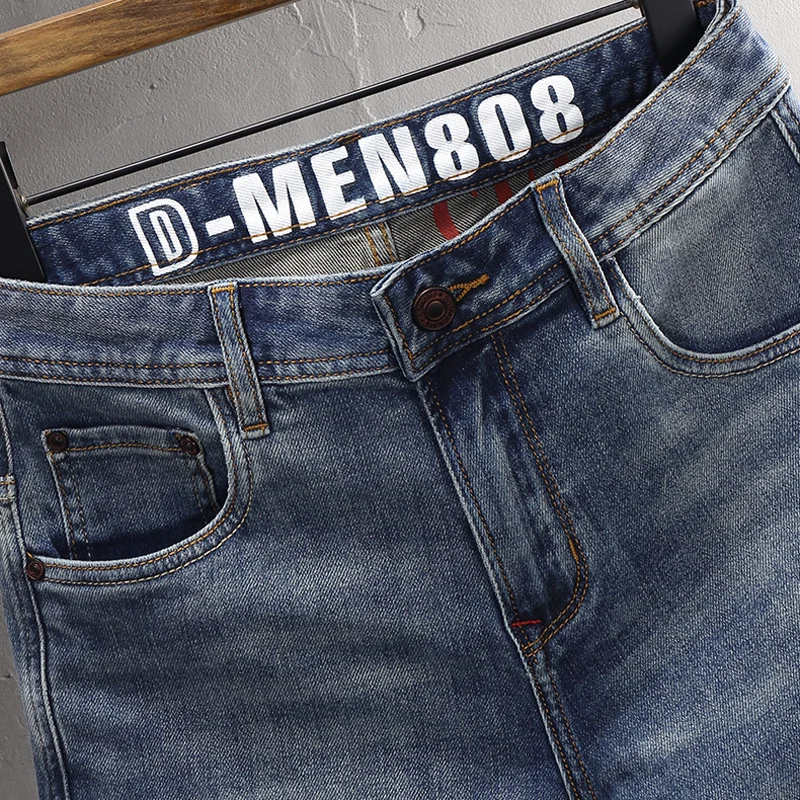 Fashion Designer Men Jeans Summer Trendy Retro Washed Blue Elastic Printed Short Jeans Homme Vintage Casual Denim Shorts Men