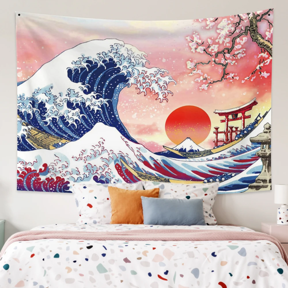 

The Great Wave Japanese Ocean Wave Wall Hanging Decorations Cherry Blossom Tree Sunset Backdrop Kanagawa Tapestry for Home Decor
