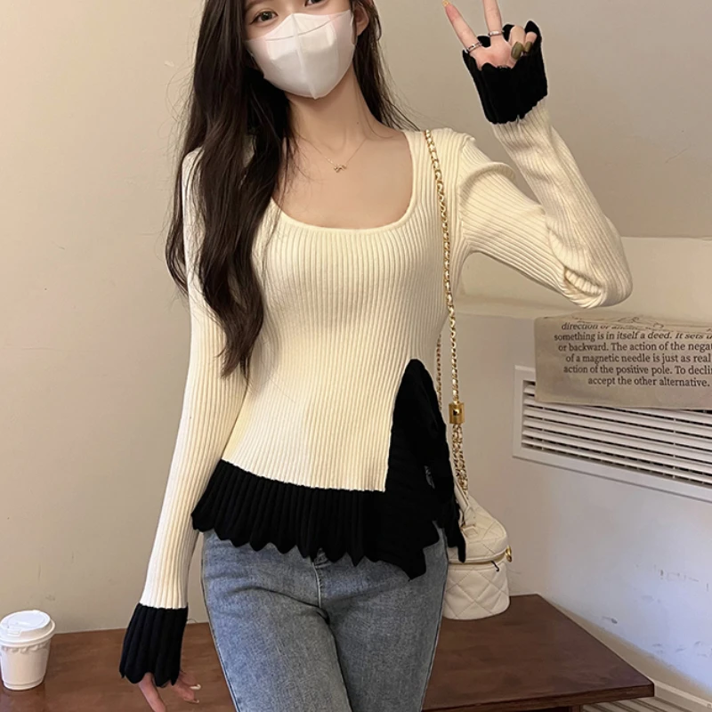 

Женский вязаный пуловер в стиле пэчворк, свитер с квадратным воротником и длинным рукавом, с разрезом сбоку, в французском стиле, Прямая пос...