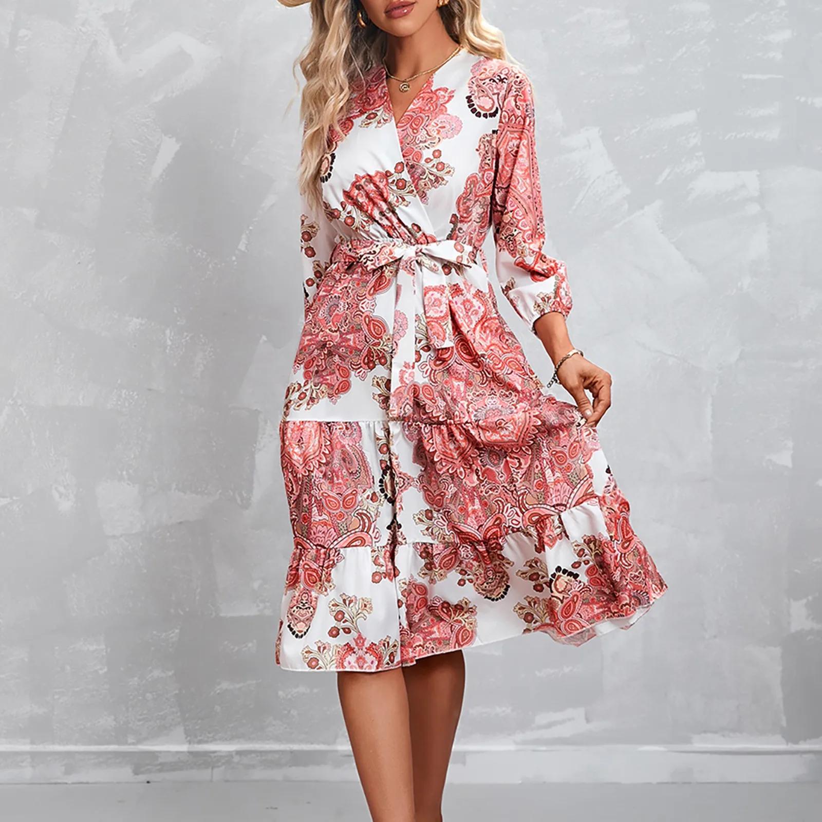 

Женское шифоновое платье с длинным рукавом, V-образным вырезом и поясом