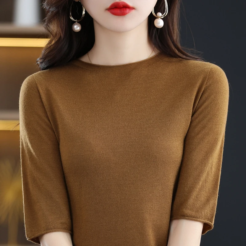 

Worsted Fashion New Wool Knitted Sweater Thin Knitted Sweater Half Sleeve Women's Round Neck Pullover T-shirt Top