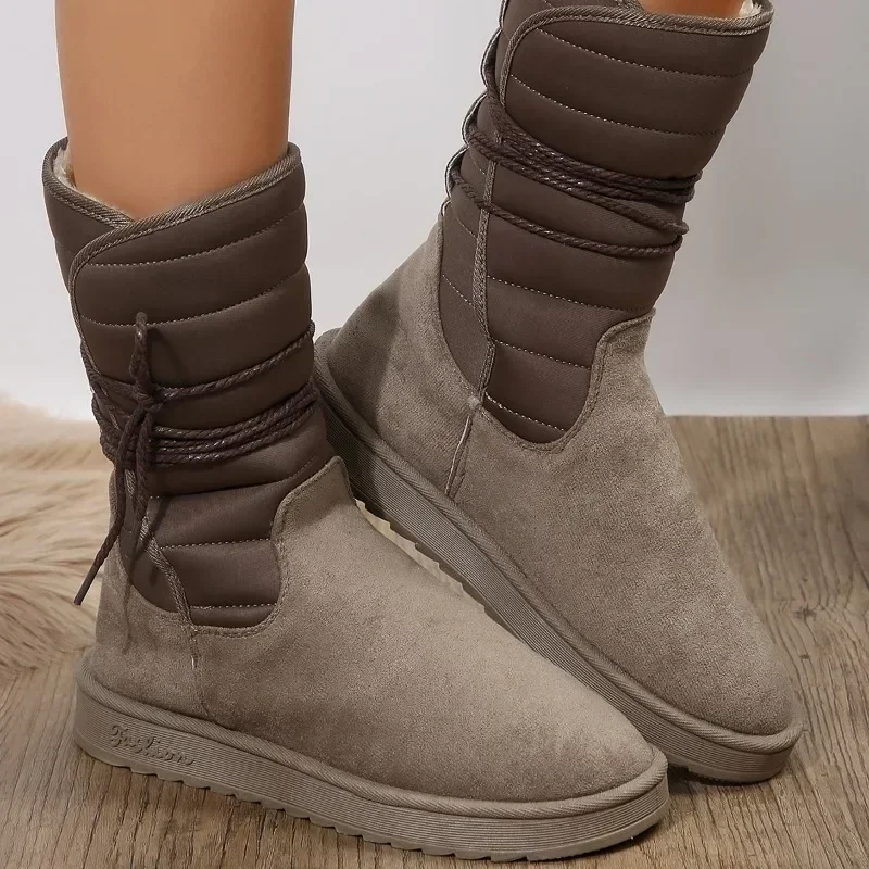 

Новинка 2023, модная женская обувь, женские сапоги на шнуровке, Зимние Замшевые однотонные плюшевые теплые сапоги до середины икры на низком каблуке, зимние сапоги