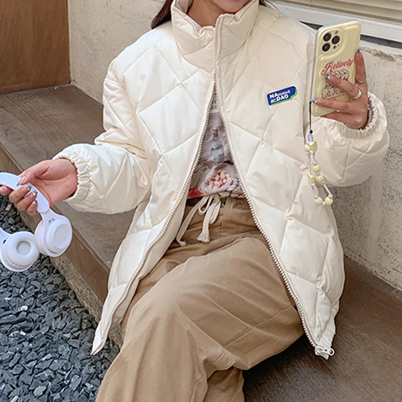 Women's Fashion Warm Parka Loose Casual Long Sleeve Women Solid Down Jacket Versatile Ladies Rhombus Outerwear 2022 Winter New