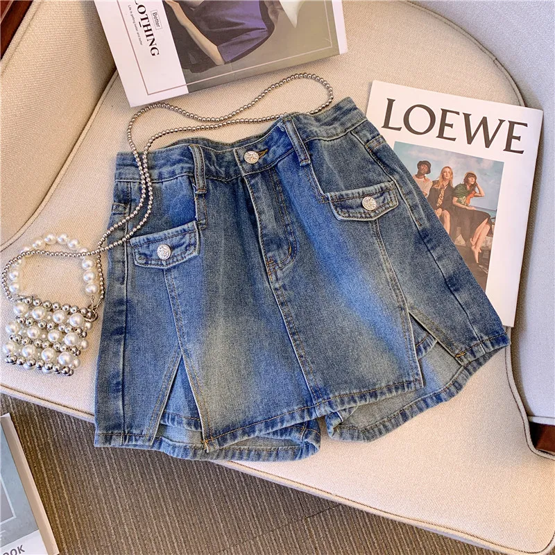 Casual Large Size Culotte For Women's Clothing 2023 Spring Summer New Fashion Slim Short Denim Shorts Skirts Black Blue AC424