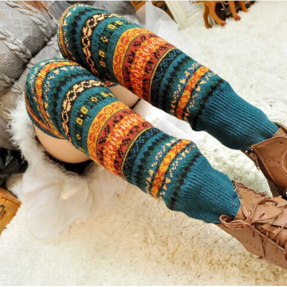 

2023 New Winter Over Knee Long Knit Cover Crochet Women Leg Warmers Legging Warm Striped Christmas Pierna Mujer Thigh Legwarmers