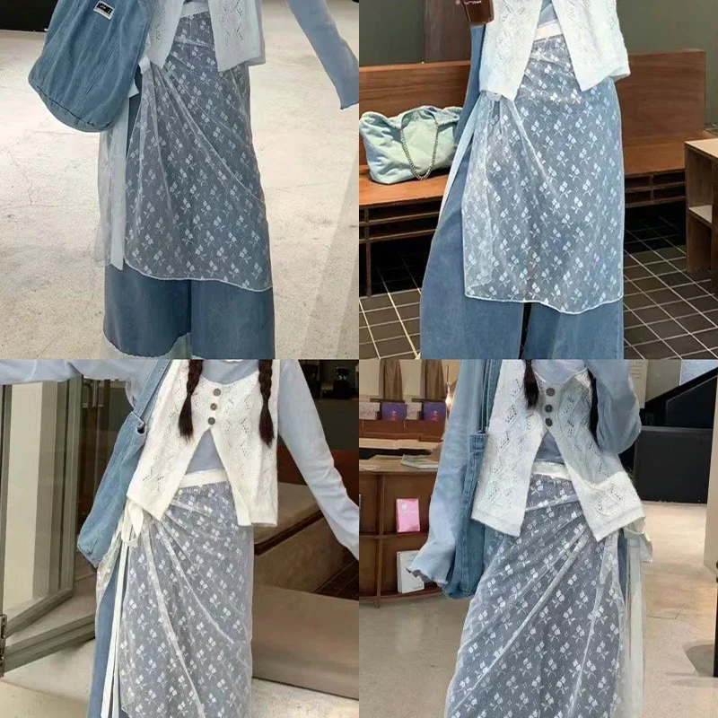 Весна-лето 2024 многослойная юбка цельнокроеная джинсовая в балетном стиле фартук