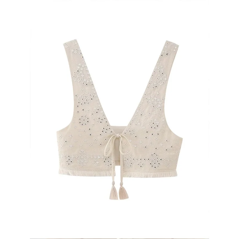 

Y2K Embroidery Women V Neck Waistcoats Lightweight Sleeveless Tassels Hem Slim Vest Female Crop Top 2023 Summer
