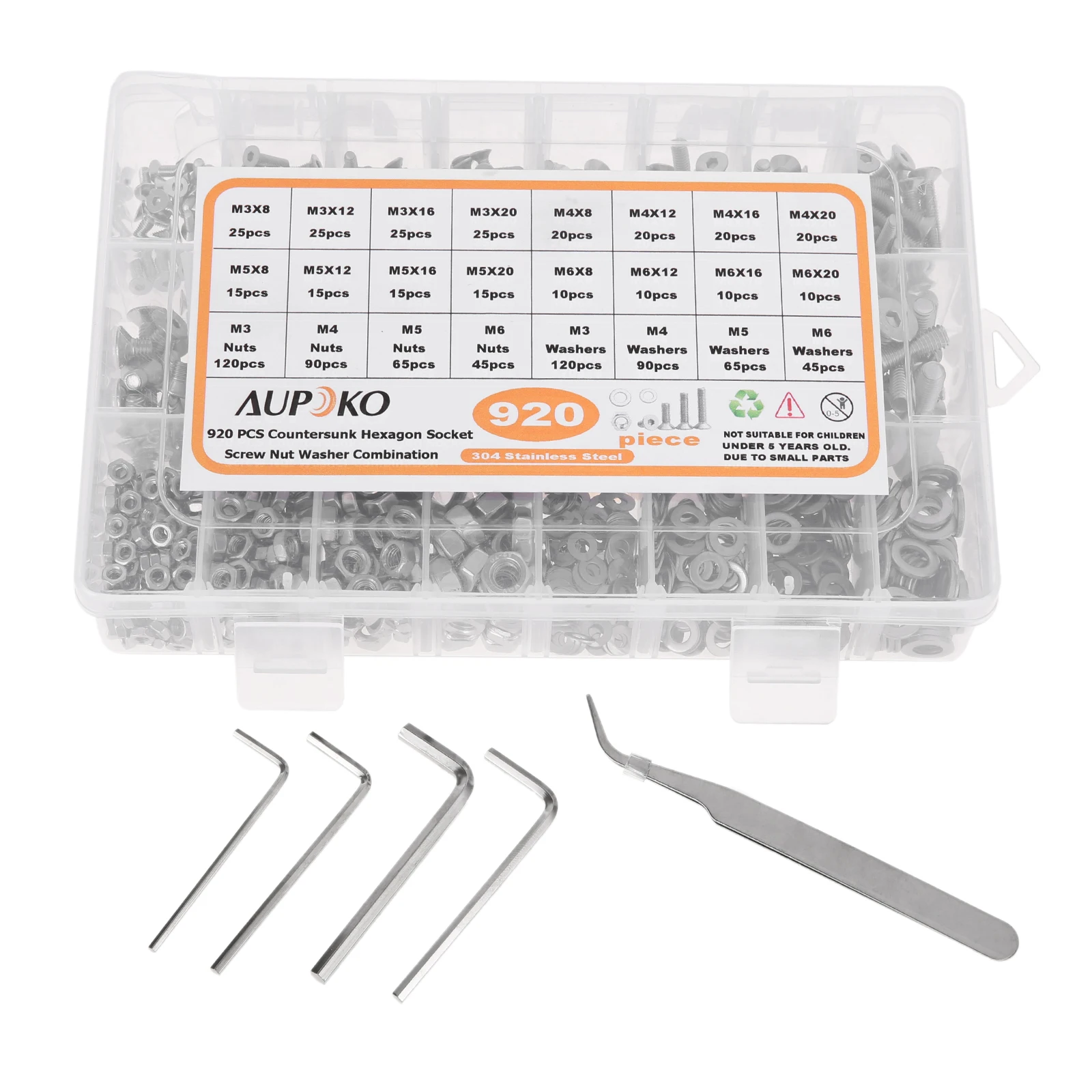 

920Pcs 304 Stainless Steel Hex Flat Button Screw Set M3 M4 M5 M6 Bolts Nuts Washers Assortment Kit with Storage Box and Wrench