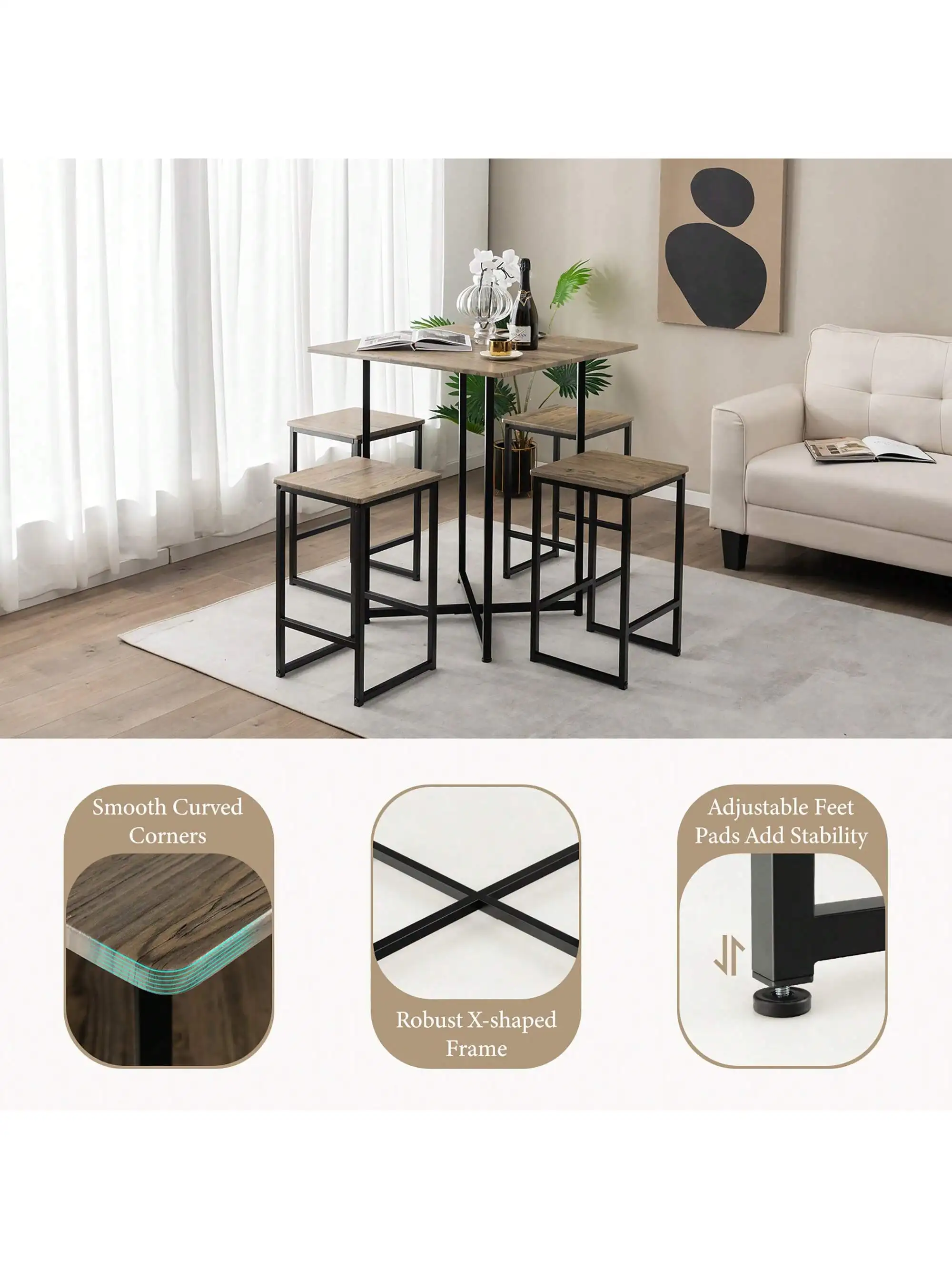 

Набор из 5 квадратных обеденных столов и стульев, кухонная мебель, серый цвет