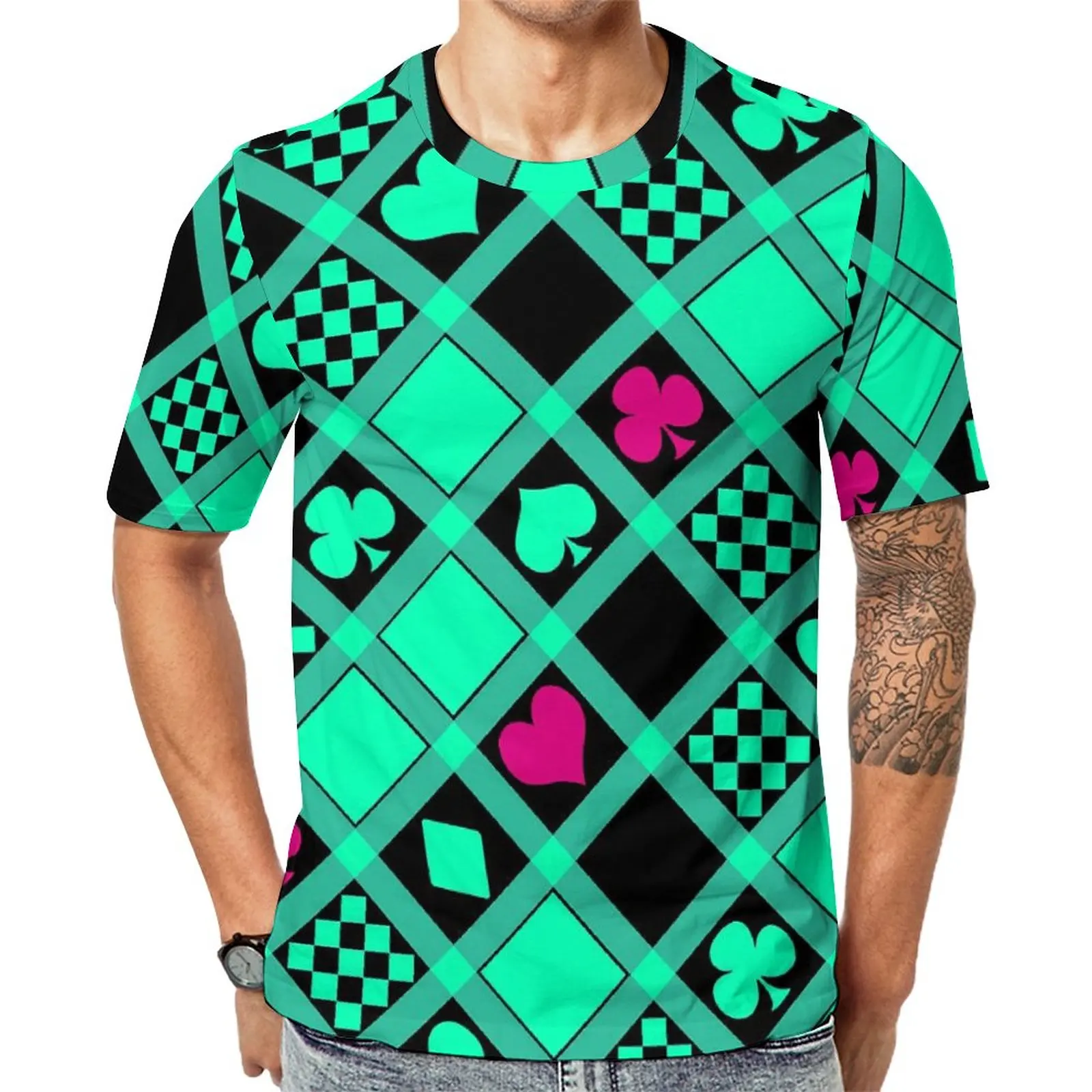 

Casino Playing Cards T-Shirt Male Green Hearts Print Awesome T Shirts Beach Retro Tees Short-Sleeved Custom Oversized Tops