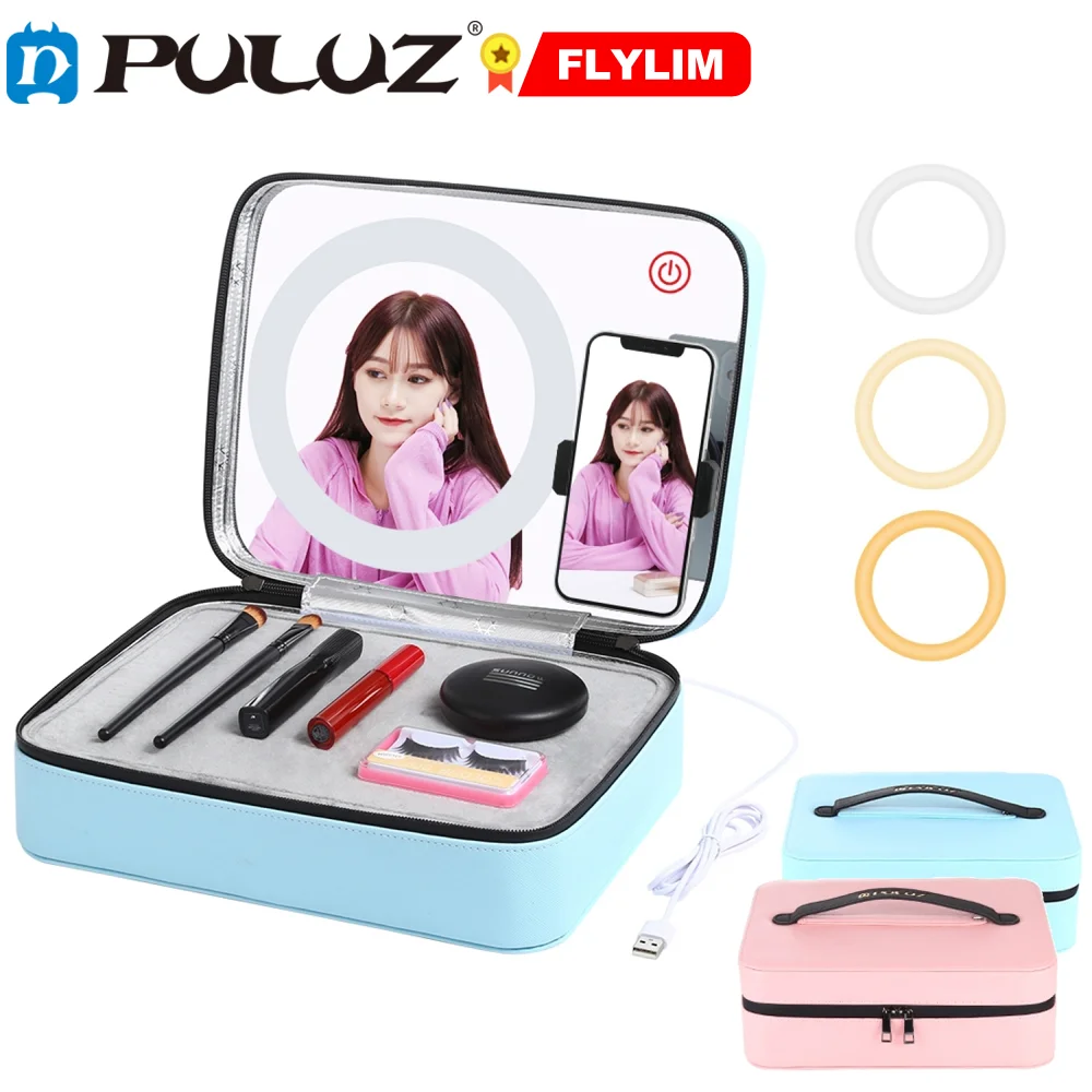 

PULUZ 20cm 7.9 inch 3 Modes Adjustable Ring Light Multifunctional Live Broadcast Makeup Mirror Cosmetic Storage Box Bag