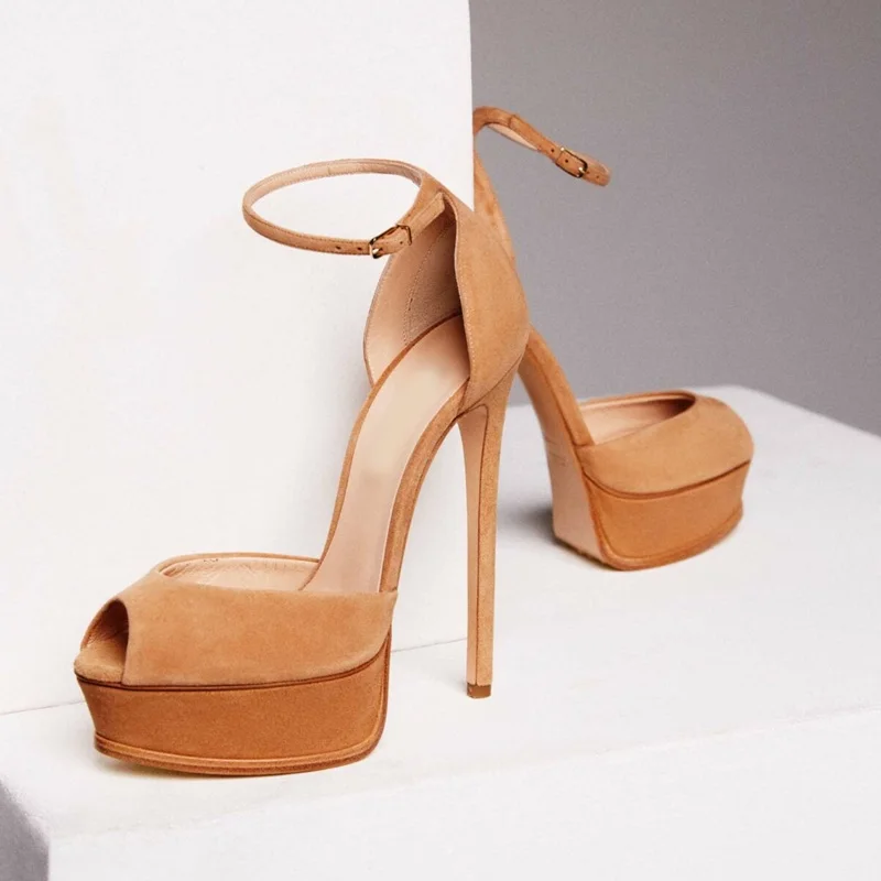 

Fashion Beige Suede High Platform Pumps Ankle Strap Open Toe Stiletto Heels Dress Shoes Cut-outs Women Paty Banquet Shoes