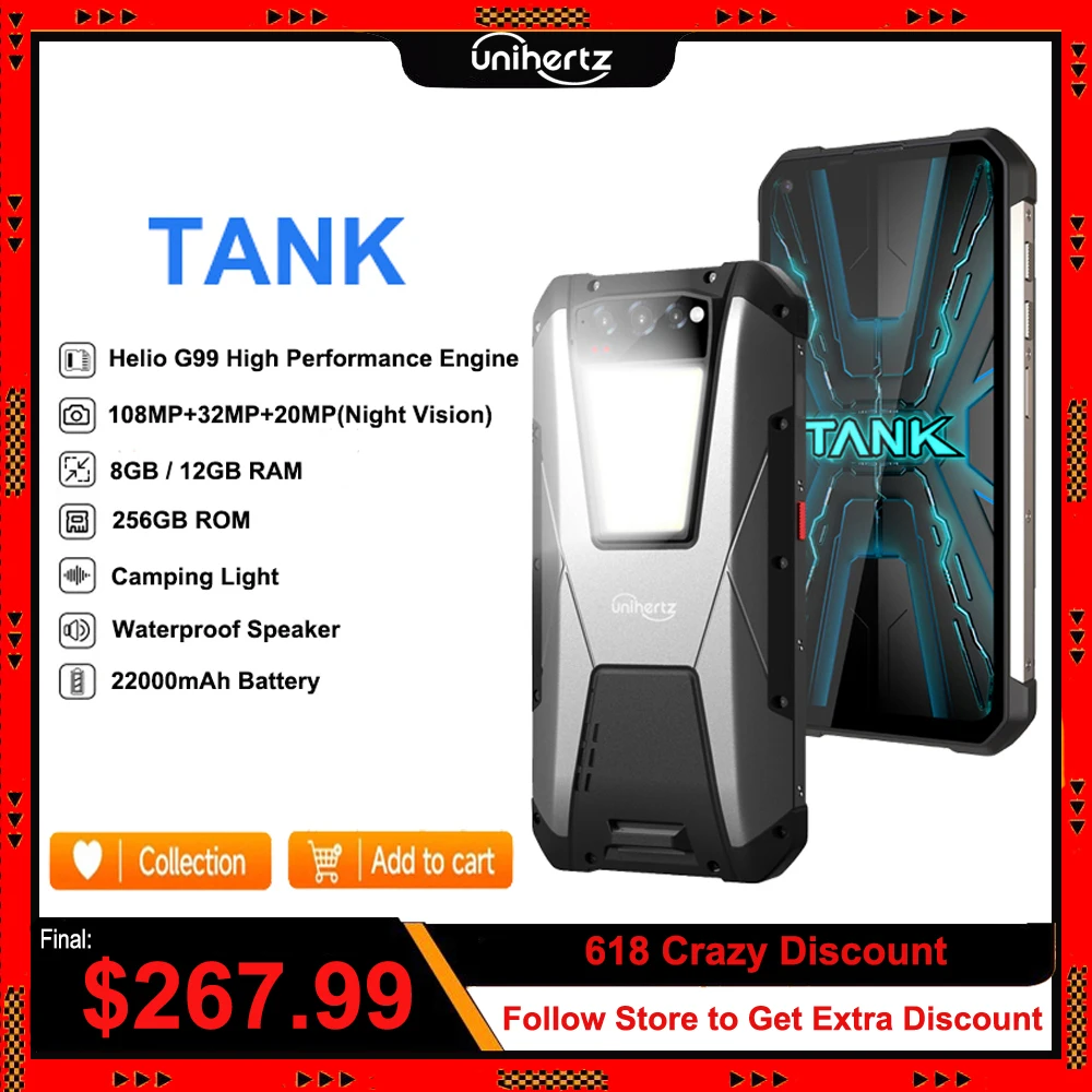 Unihertz TANK Large Battery Rugged Smartphone 4G Unlocked 8GB 258GB Mobile Phone 22000mAh 108MP G99 Android 12 Cellphone