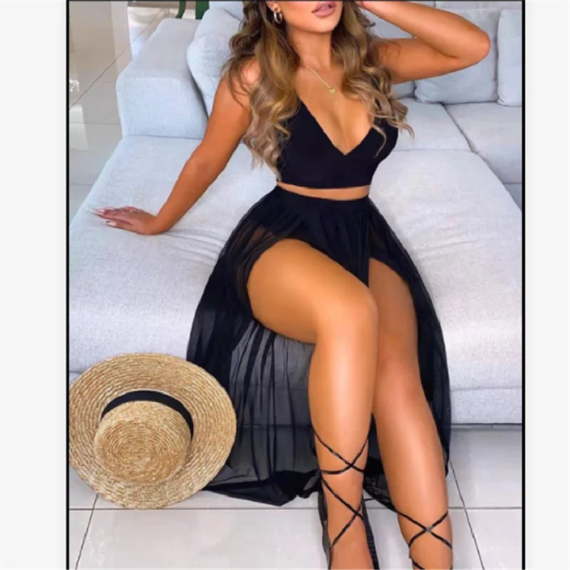 

Женский Повседневный Топ без рукавов с V-образным вырезом и юбка, комплект из двух предметов, офисное длинное платье макси в стиле бохо, летн...