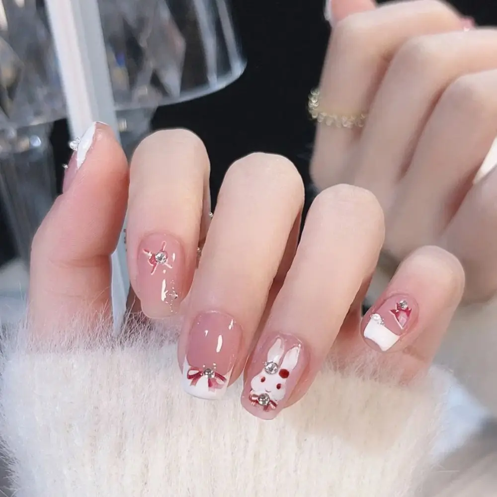 

24pcs/box Nail Patch Wearable Fake Nail Short False Nail Cute Rabbit Full Cover Press On Nail Tips With Jelly Glue For Wedding
