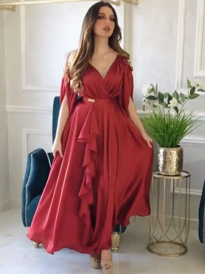 PLEINDI Luxury Evening Dress V-Neck A-LINE Half Sleeves Ankle Chiffon 2022 New Burgundy Exquisite Cut-out Dresses for Women