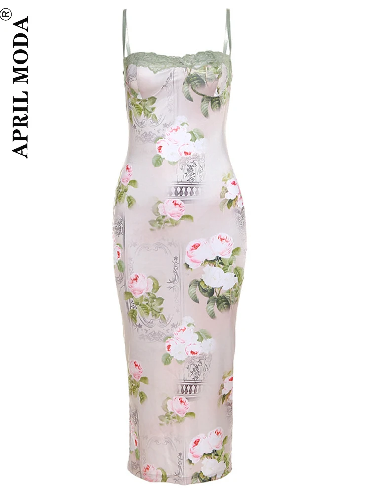 

Elegant Spaghetti Strap Floral Long Dress Summer Women Sleeveless Bodycon Slim Vintage Party Bodycon Vestidos Female Chic Robe