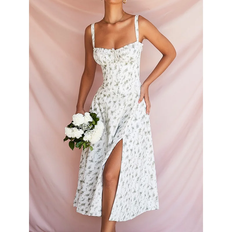 

Floral Summer Dress Boned Tie Up Split Elastic With Lining Adjustable Strapes Zip Summer Dress Beach Women Vestido 2022